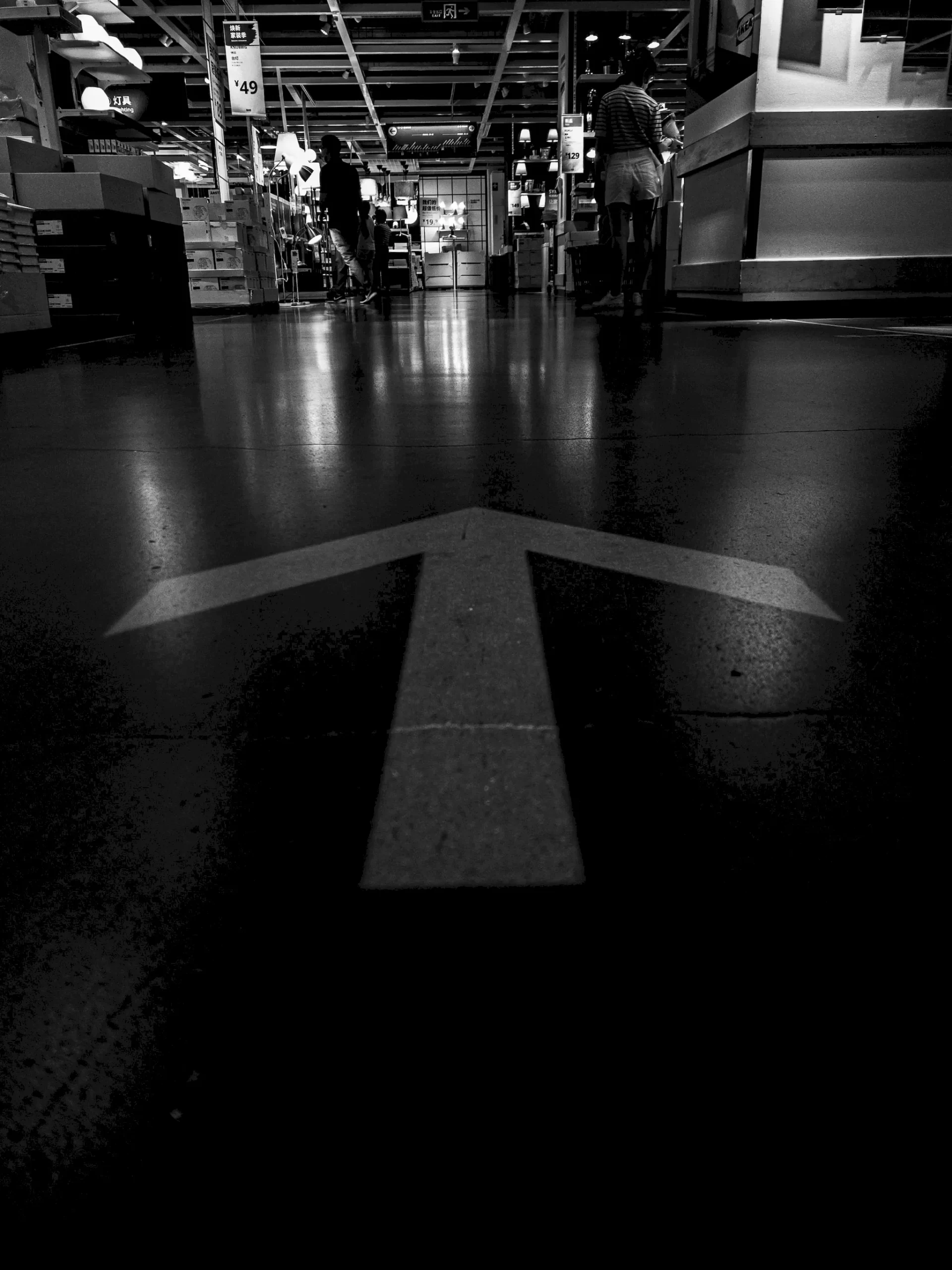 Low-Angle Black-and-White Shot Inside IKEA Store