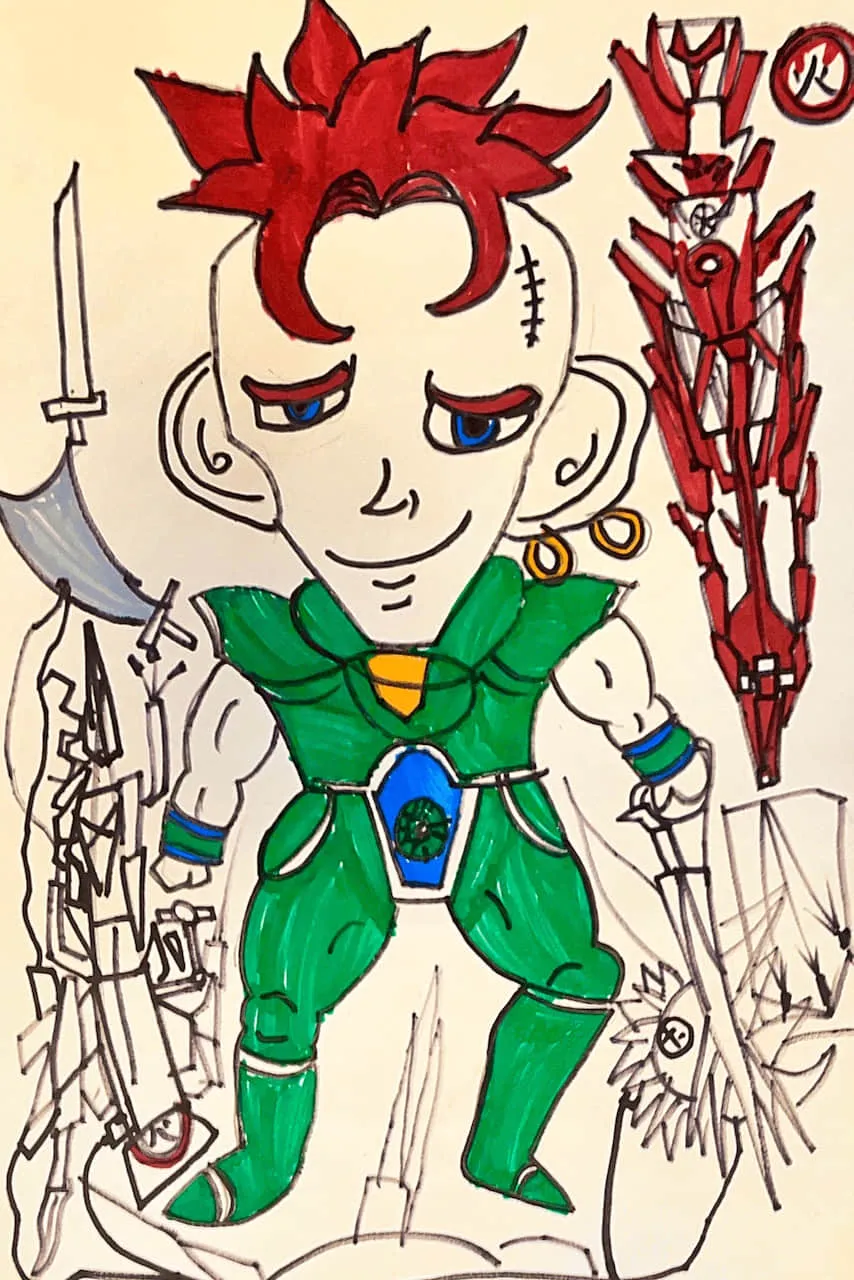 Child’s Drawing of a Powerful Superhero with Futuristic Elements