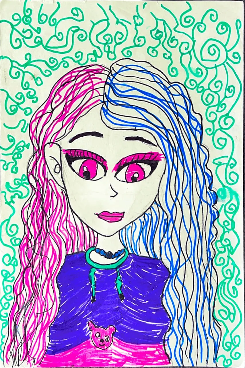 Creative Two-Tone Hair Girl Portrait Drawing by a Child