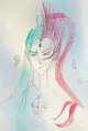 Dual Personality Character Portrait with Split Color Hair and Symbolic Design