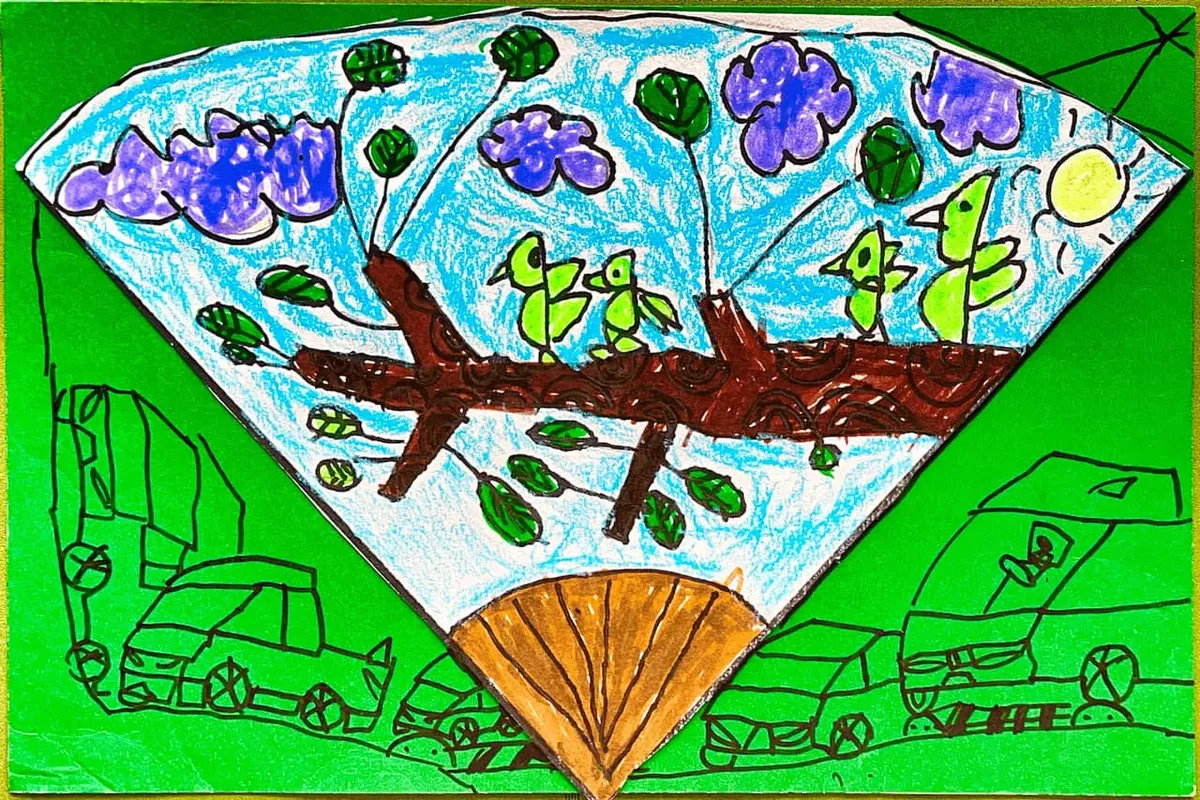Fan-Shaped Nature Drawing with Birds, Trees, and City Contrast