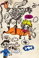 Funny Kids Drawing of a Bird Lifting a Person in a Cartoon Scene