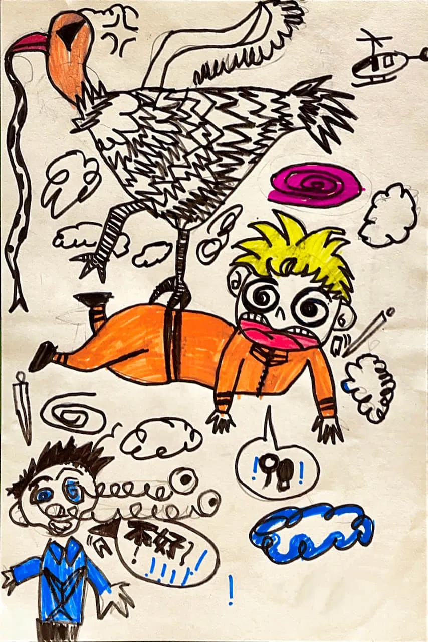 Funny Kids Drawing of a Bird Lifting a Person in a Cartoon Scene