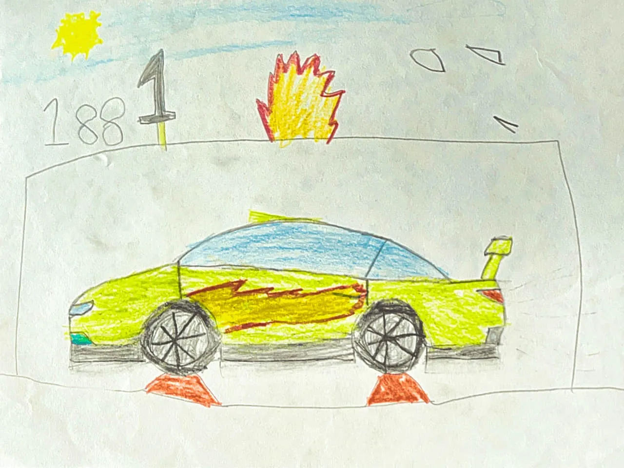 Kids Drawing of a Racing Car with Flames and Speed Theme