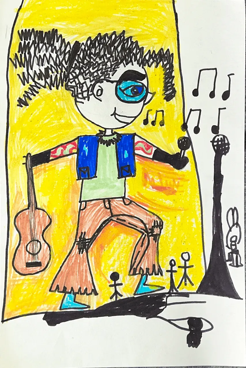 Kids Musician Drawing with Guitar and Stage Scene