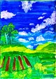 Kids Painting of a Green Landscape and Blue Sky