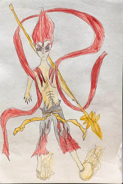 Nezha Fire Warrior Character Drawing with Flaming Ribbons