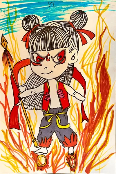 Nezha Fire Warrior Character Drawing with Flaming Ribbons