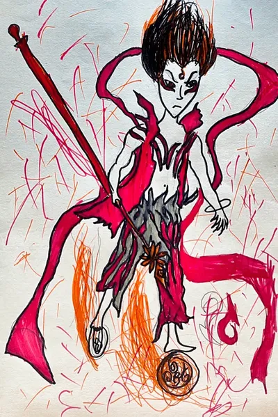 Nezha Fire Warrior Character Drawing with Flaming Ribbons