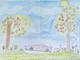 Peaceful Apple Orchard Scene with Countryside Life and Car