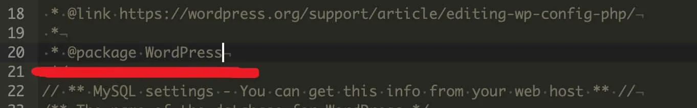 wp-config.php file fine this code line: @package WordPress