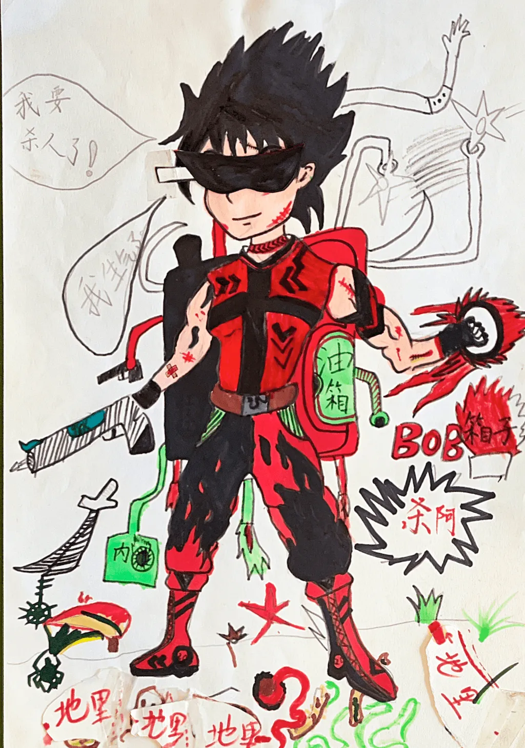 A boy holding a gun and a bomb - Analysis of Children's Drawings