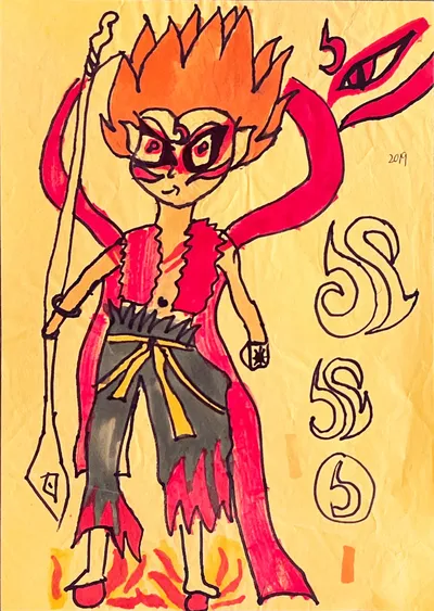 Nezha Cartoon Drawing with Fire Wheels and Spear