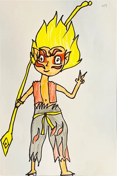 Nezha Cartoon Drawing with Fire Wheels and Spear