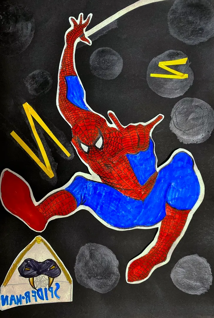 Spiderman Drawing of a Swinging Superhero by a Child.webp