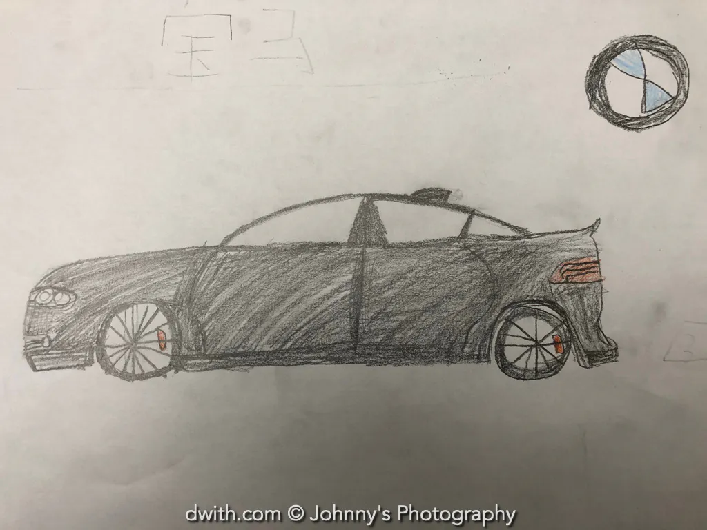 Pencil Car Drawing with Side View and Wheel Details