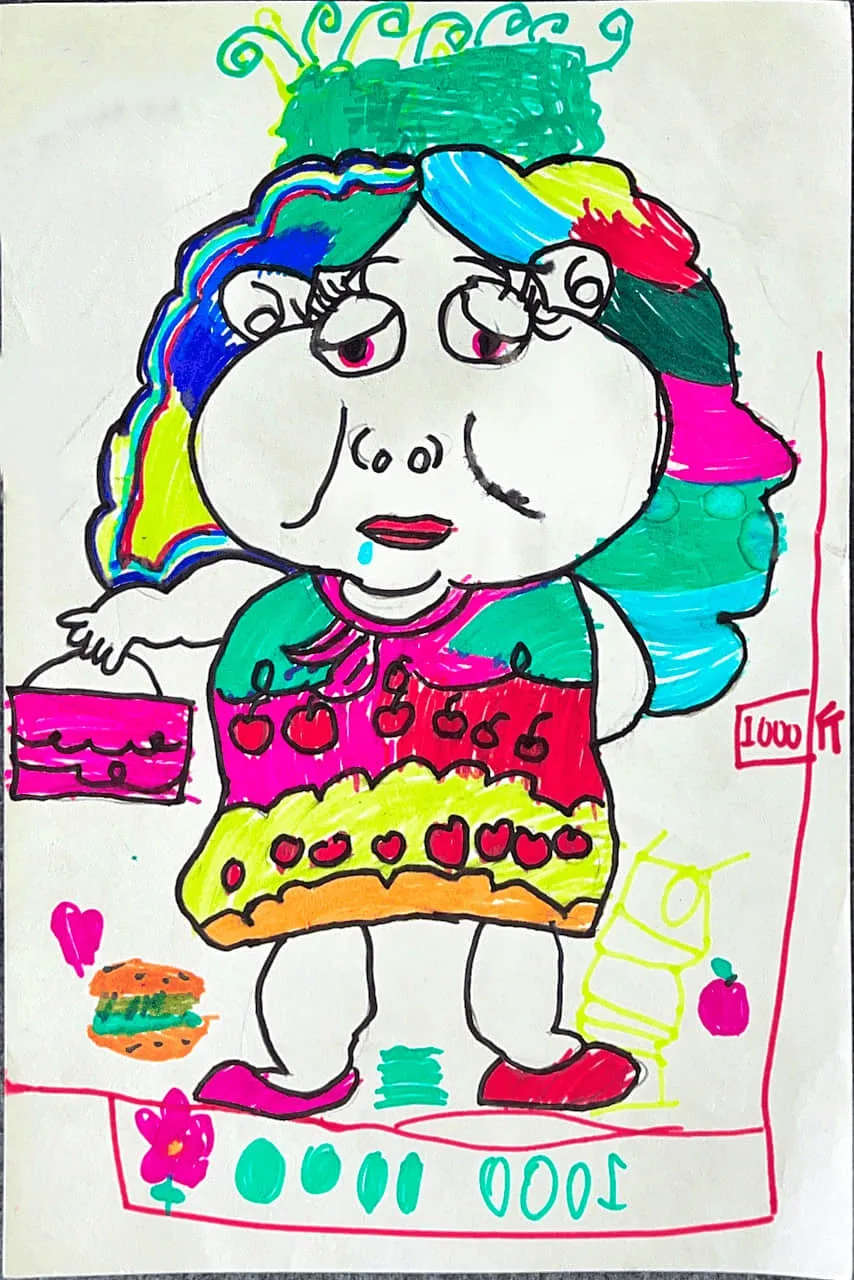Bright Cartoon Character Drawing with Rainbow Hair and Fun Details