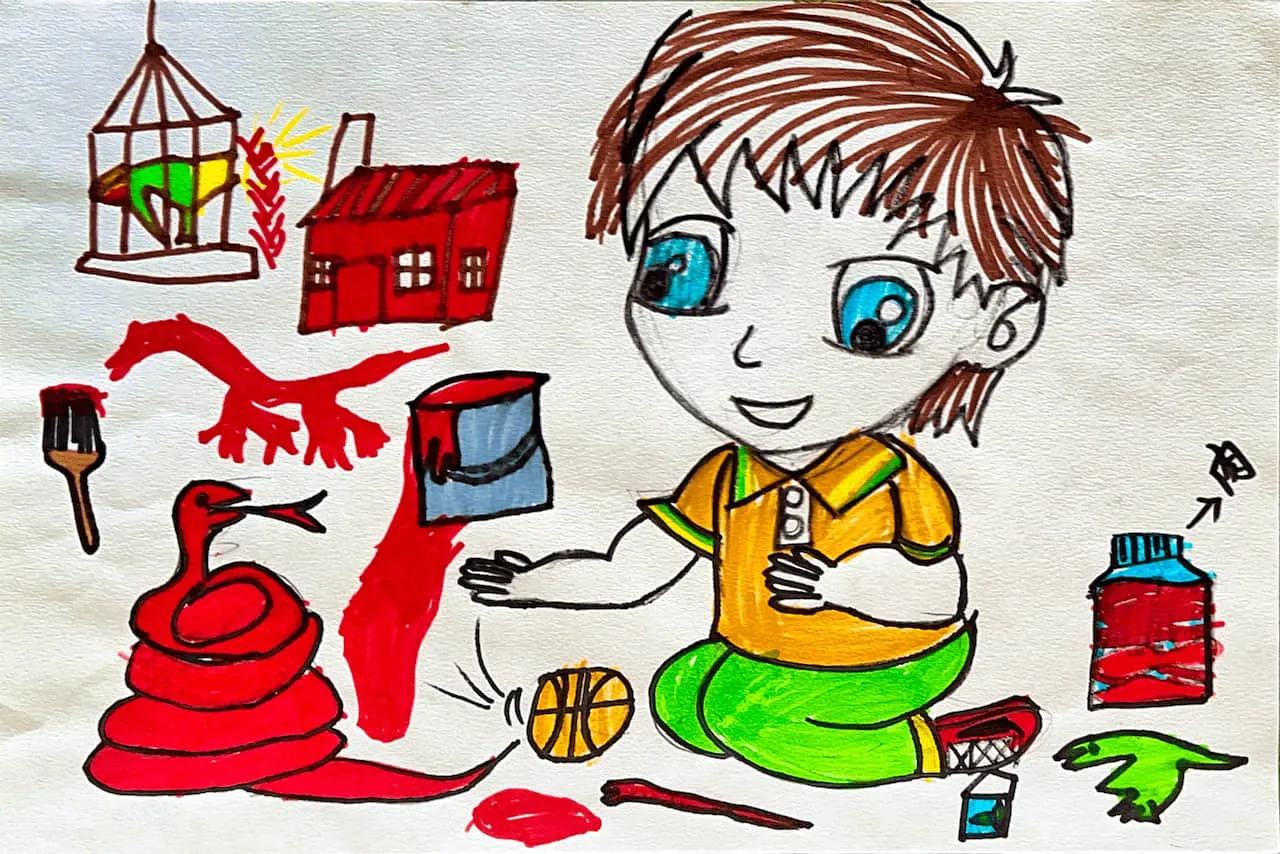 Child’s Creative Drawing of a Boy with Colorful and Surreal Elements