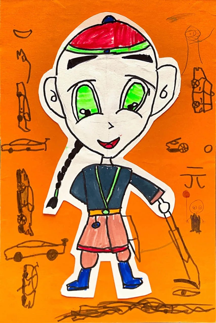 Child’s Drawing of a Cartoon Character with Bright Orange Background