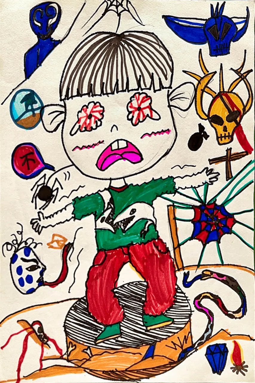 Child’s Imaginative Drawing of Fear and Monsters in a Surreal Scene