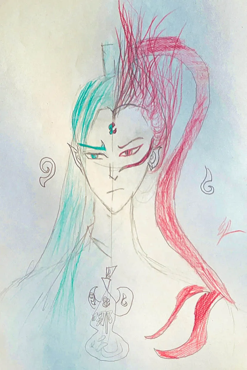Dual Personality Character Portrait with Split Color Hair and Symbolic Design