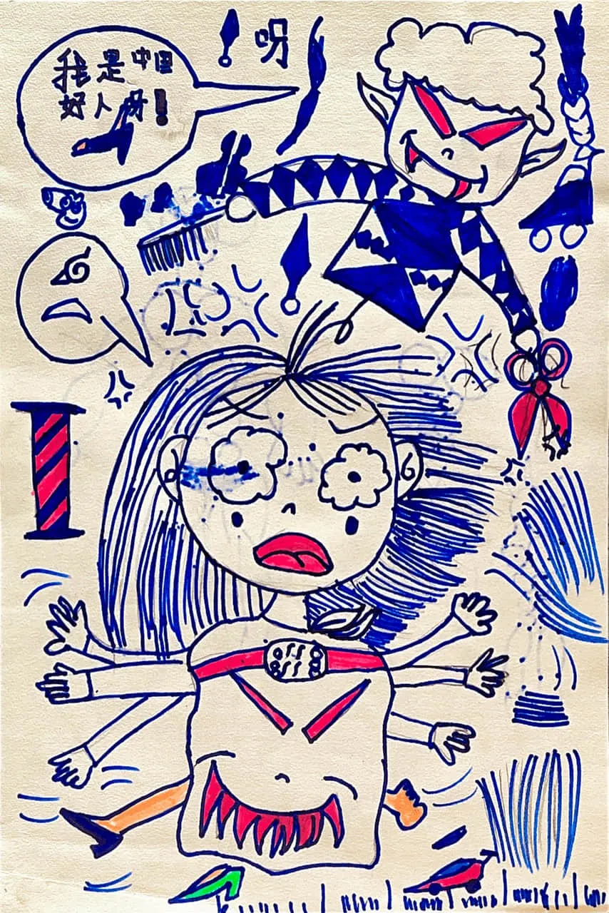 Expressive Kids Drawing of a Superhero Girl Facing a Mischievous Character