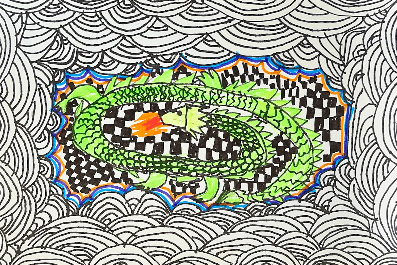Kids Dragon Drawing with Pattern and Abstract Background