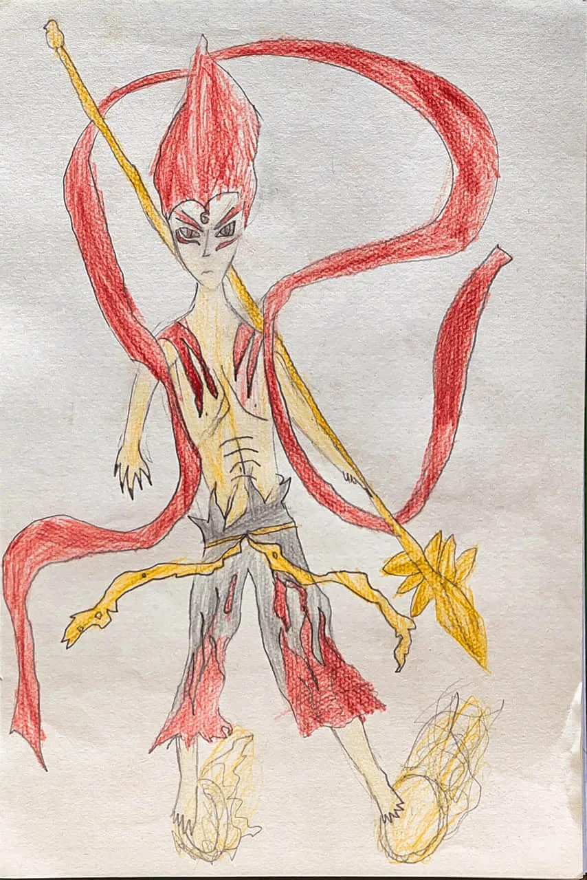 Nezha Fire Warrior Character Drawing with Flaming Ribbons