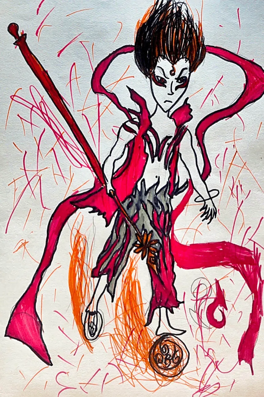 Nezha Fire Warrior Character Drawing with Flaming Ribbons